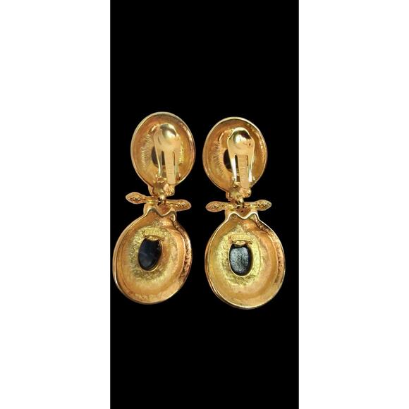 Fendi Blue Gripoix Cabochon Clip Earrings Large Double Dangle Logo 18kt GP - Picture 2 of 12